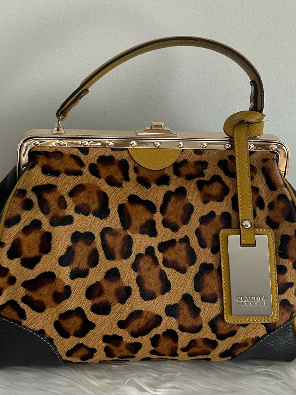 Claudia Firenze Leopard Calf Hair Leather Frame Satchel Made in Italy - Picture 4 of 15